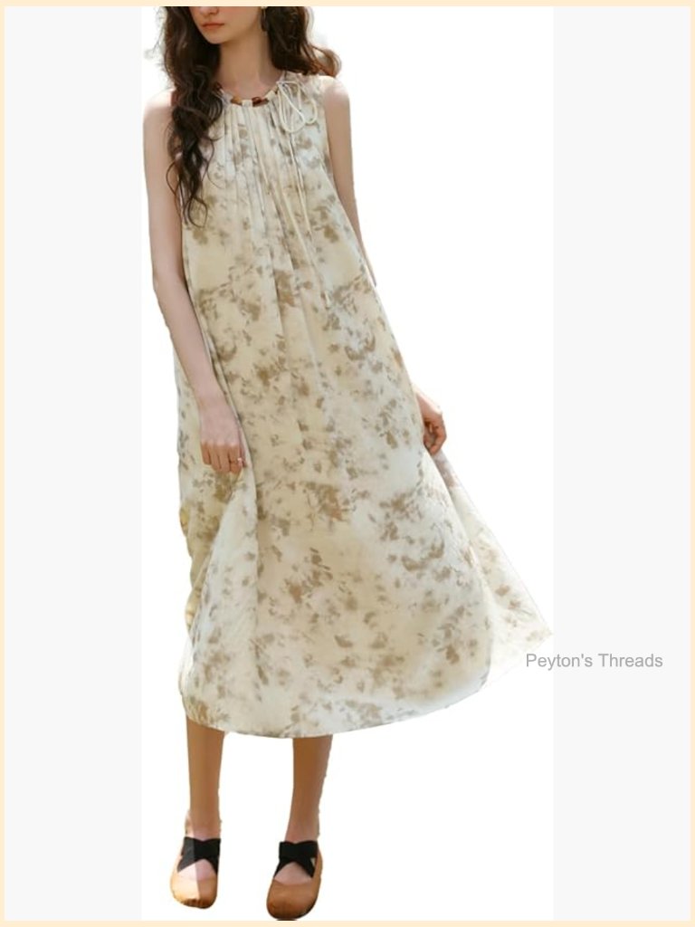 Boho Print Midi Dress, Pleated Round Neck Sleeveless Summer Casual Long Dress